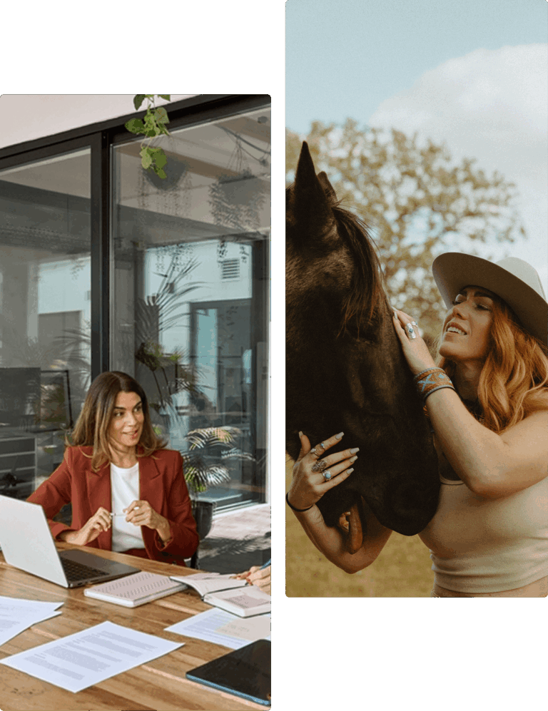 A split image: one side shows a professional woman at a desk with a laptop, and the other features a woman with a horse outdoors.